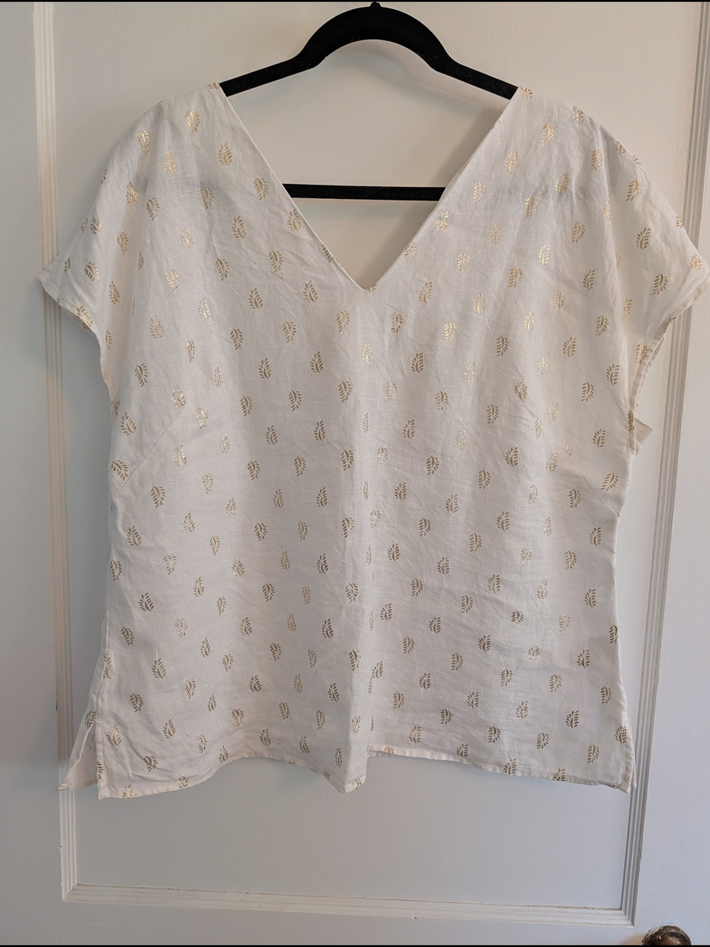 Boden White V-Neck Linen Blouse with Gold Leaf Print